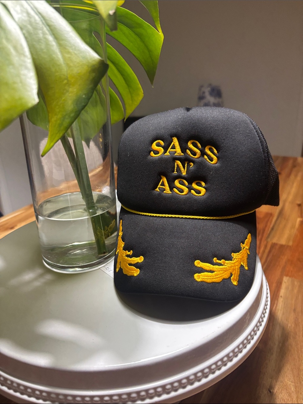 Black & Gold 'Sass N' Ass' Embroidered Trucker Hat